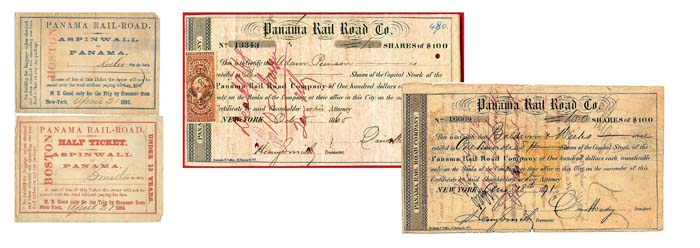 Tiquetes para la ruta Boston-Aspinwall (Colón)-Panamá, 1856. Certificados de acciones de Panama Rail Road Co., 1865 y 1871.